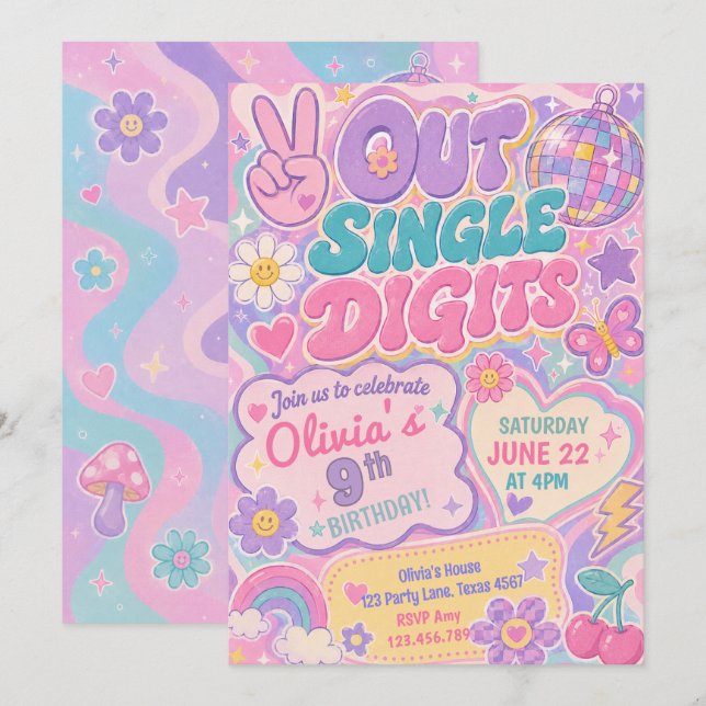 Peace Out Single Digits Groovy Birthday Invitation (Front/Back)