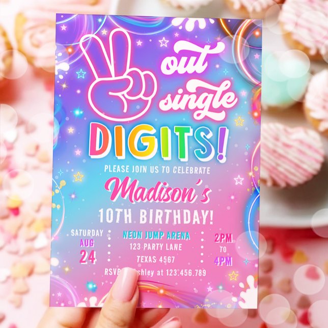 Peace Out Single Digits Neon Glow Girl Birthday Invitation (Creator Uploaded)