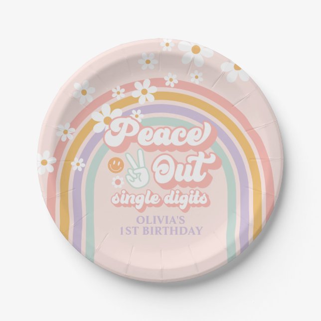 Peace Out Single Digits Pastel rainbow Paper Plate (Front)