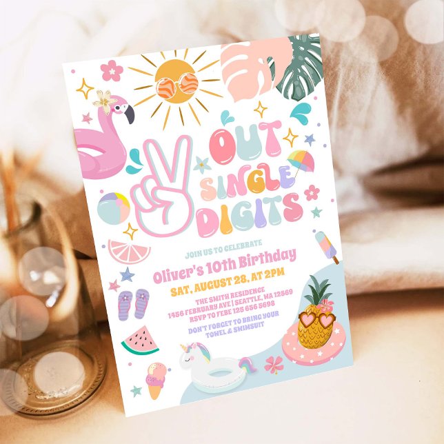 Peace Out Single Digits Pool Party Summer Birthday Invitation (Creator Uploaded)