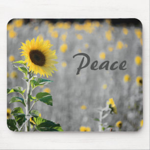 "Peace" Phrase, Field of Sunflowers, Black & White Mouse Pad