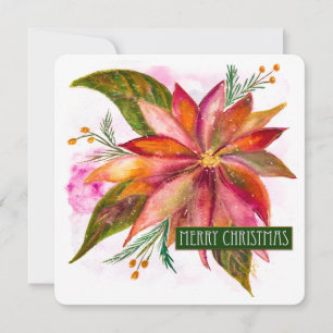 PEACE POINSETTIA Merry Christmas Watercolor Flat Holiday Card