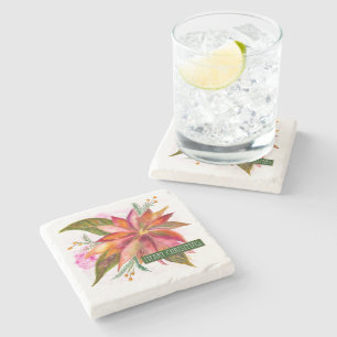 Peace Poinsettia-Watercolor Floral Merry Christmas Stone Coaster