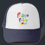 Peace Pride Love Trucker Hat<br><div class="desc">Show your pride in this fun and stylish cap with a cute lettering of "Peace Pride Love" in rainbow colours.</div>