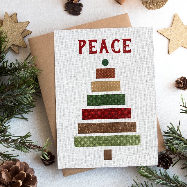 Peace Rustic Burlap Christmas Tree Holiday Card (Creator Uploaded)
