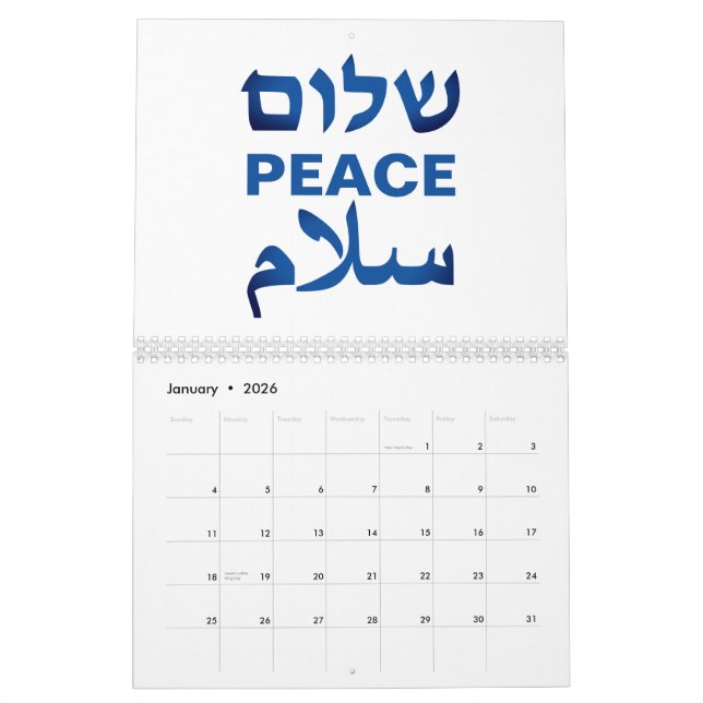 Peace Shalom Salaam white & blue modern typography Calendar (Jan 2026)