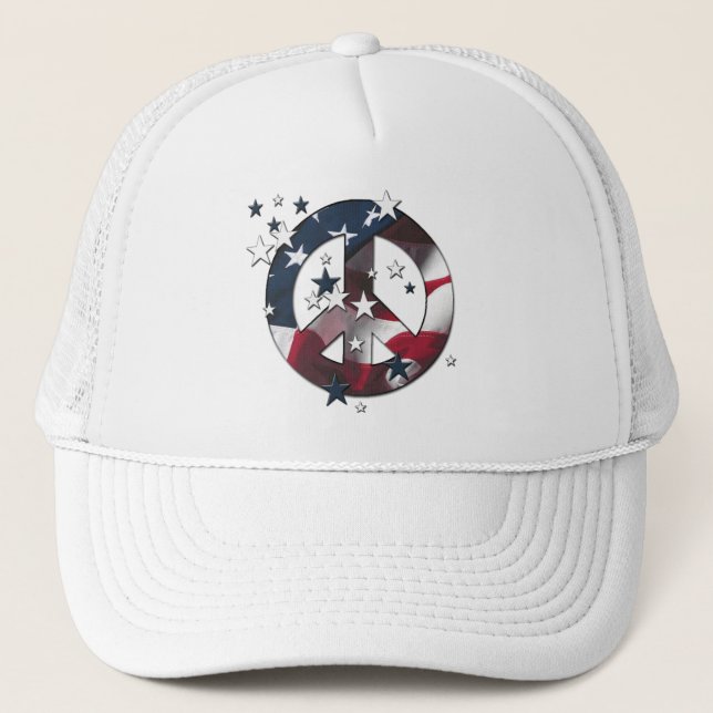 Peace Sign American Stars & Stripes Flag Trucker Hat (Front)