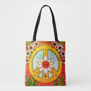 Peace Sign and Daisy Hippie Bohemian Love Tote Bag