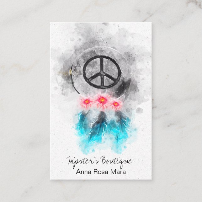 *~* Peace Sign Feathers Flowers Boho GrungeTribal Business Card (Front)
