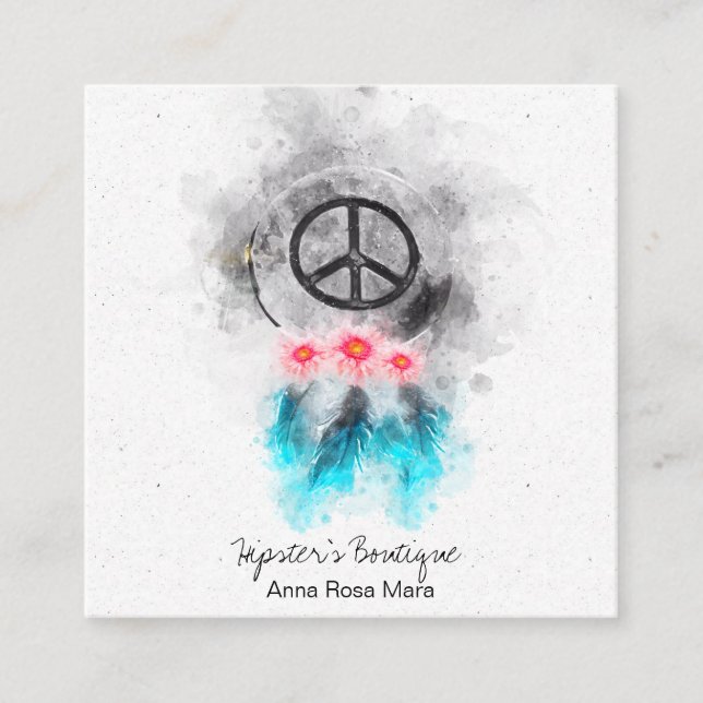 *~* Peace Sign Feathers Flowers GrungeTribal Boho Square Business Card (Front)
