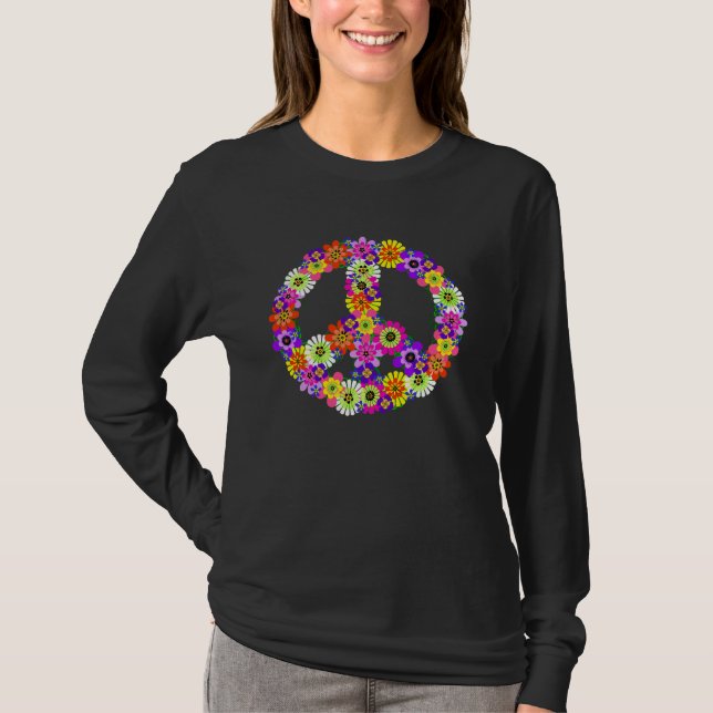 Peace Sign Floral Cutout on Black T-Shirt (Front)
