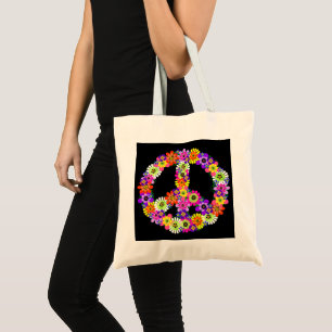 Peace Sign Floral Cutout on Black Tote Bag