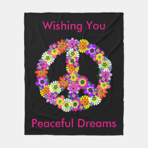 Peace Sign Floral in Black Peaceful Dreams Fleece Blanket