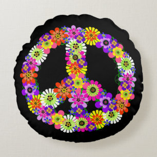 Peace Sign Floral in Black Round Cushion