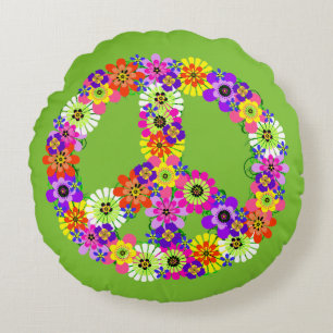 Peace Sign Floral in Green Round Cushion