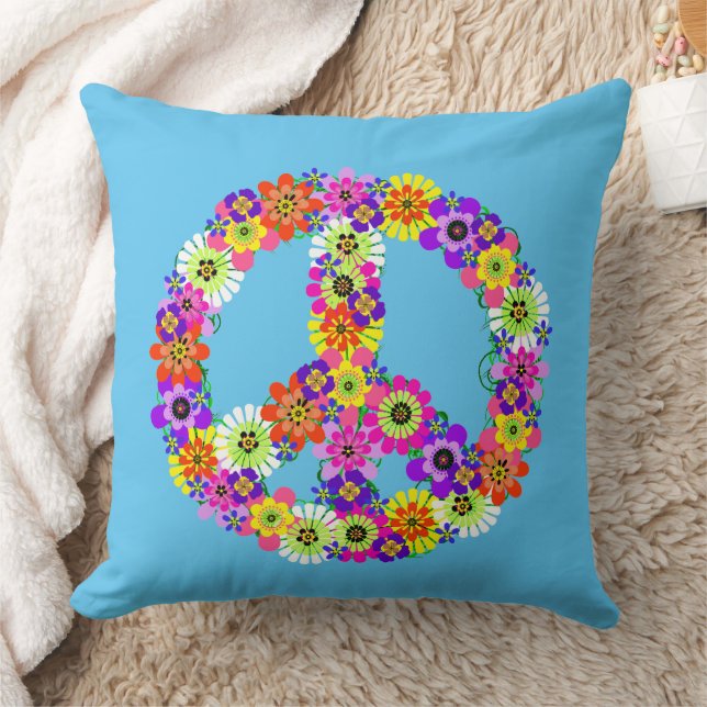 Peace Sign Floral in Light Blue Cushion (Blanket)