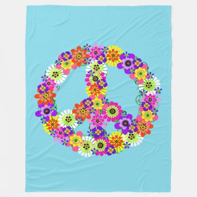 Peace Sign Floral in Light Blue Fleece Blanket (Front)