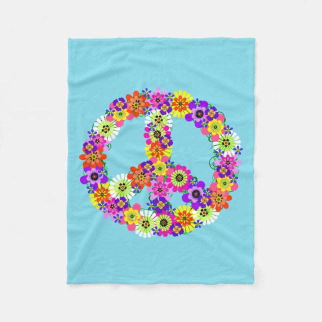 Peace Sign Floral in Light Blue Fleece Blanket (Front)