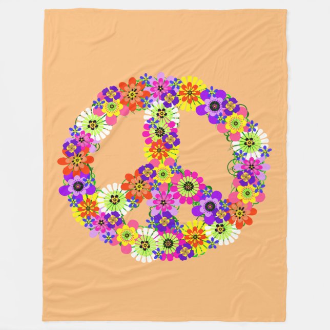 Peace Sign Floral in Peach Fleece Blanket (Front)