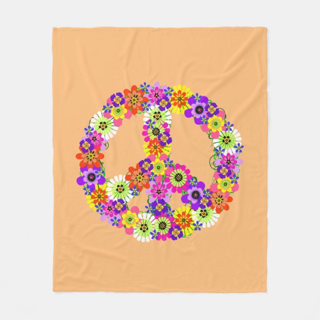 Peace Sign Floral in Peach Fleece Blanket (Front)
