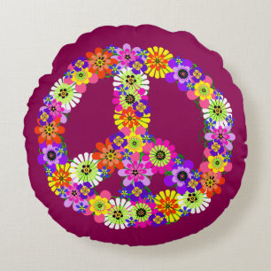 Peace Sign Floral in Raspberry Round Cushion