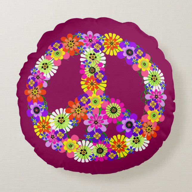 Peace Sign Floral in Raspberry Round Cushion (Front)