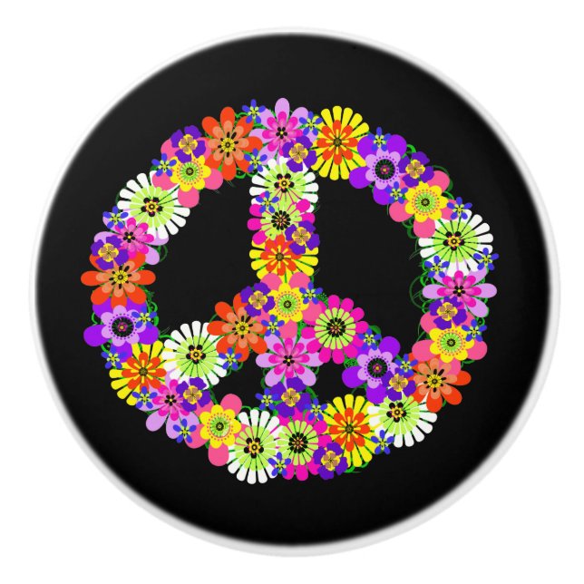 Peace Sign Floral on Black Ceramic Knob (Front)