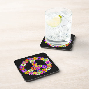 Peace Sign Floral on Black Coaster