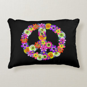 Peace Sign Floral on Black Decorative Cushion
