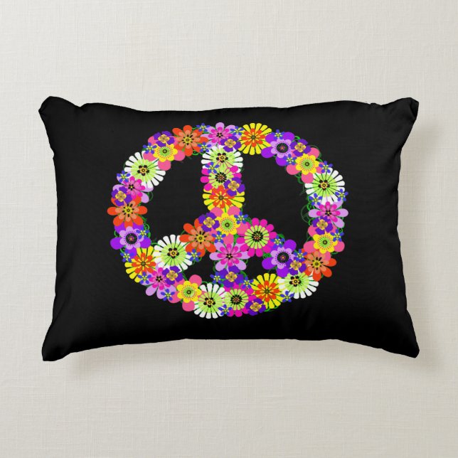 Peace Sign Floral on Black Decorative Cushion (Front)