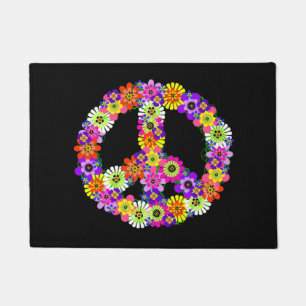 Peace Sign Floral on Black Doormat