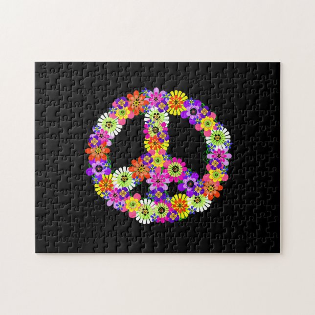 Peace Sign Floral on Black Jigsaw Puzzle (Horizontal)