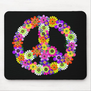Peace Sign Floral on Black Mouse Pad