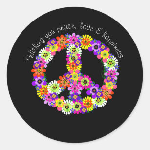 Peace Sign Floral on Black Peace Love Happiness Classic Round Sticker