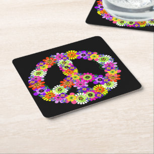 Peace Sign Floral on Black Square Paper Coaster