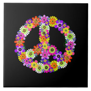Peace Sign Floral on Black Tile