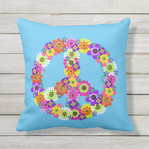 Peace Sign Floral on Blue Cushion