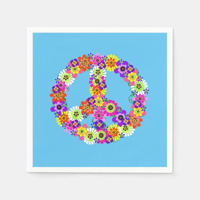 Peace Sign Floral on Blue Napkin (Front)