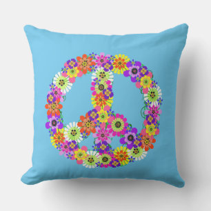 Peace Sign Floral on Blue Outdoor Cushion
