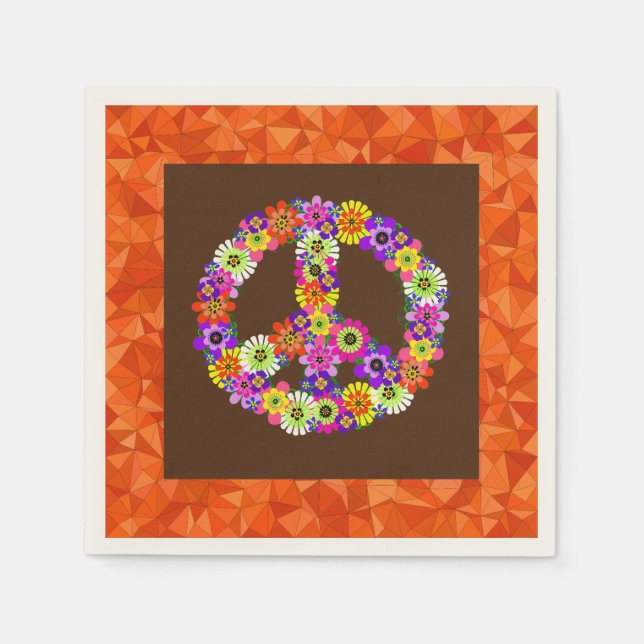 Peace Sign Floral on Brown with Orange Napkin (Front)