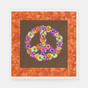 Peace Sign Floral on Brown with Orange Napkin