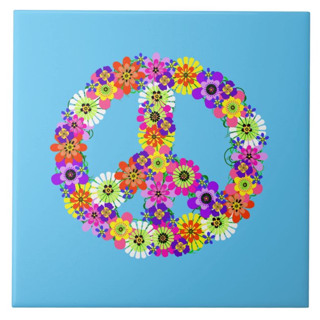 Peace Sign Floral on Light Blue Tile (Front)