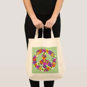 Peace Sign Floral on Light Green Tote Bag