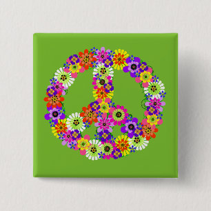 Peace Sign Floral on Lime Green 15 Cm Square Badge