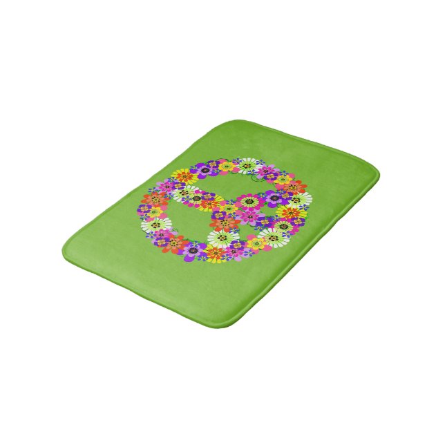 Peace Sign Floral on Lime Green Bath Mat (Angled)