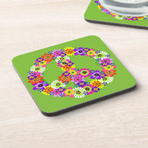 Peace Sign Floral on Lime Green Coaster