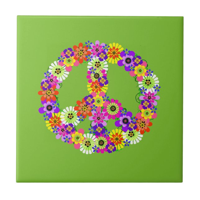 Peace Sign Floral on Lime Green Tile (Front)