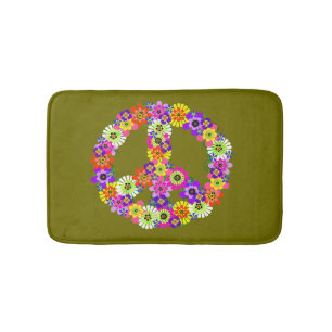 Peace Sign Floral on Olive Green Bath Mat