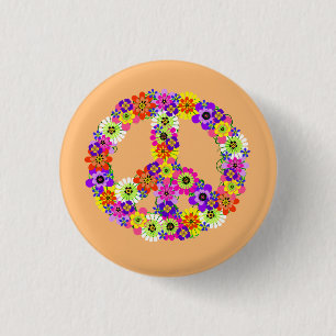 Peace Sign Floral on Peach 3 Cm Round Badge