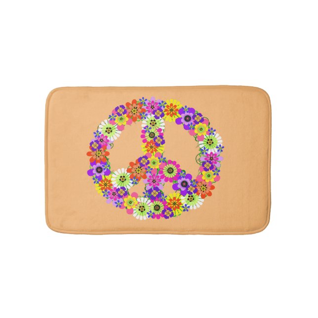 Peace Sign Floral on Peach Bath Mat (Front)